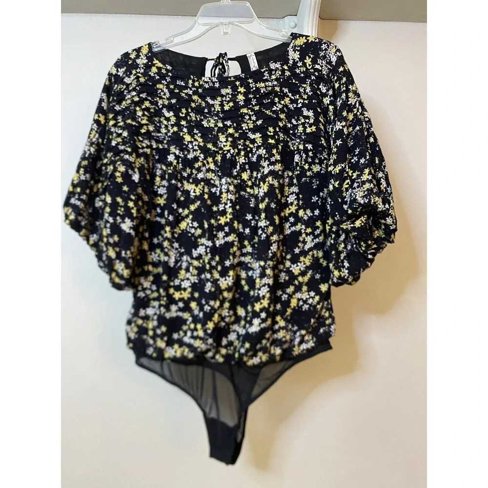 FREE PEOPLE INTIMATELY Dessa Black Daisy‎ Print Body Suit M